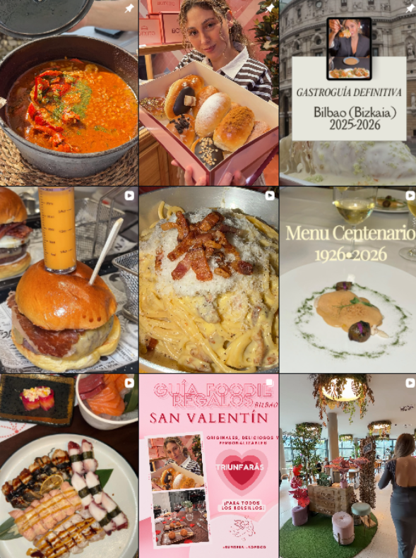 "Deliciosos platos y experiencias gastronómicas compartidas por la influencer @burgerbilbofood en Bilbao, incluyendo hamburguesas, pasta y un menú especial para San Valentín 2025-2026."