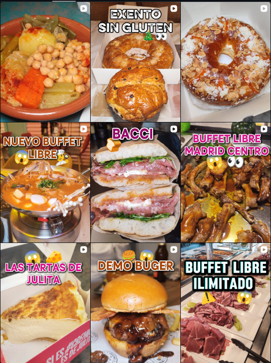 Influencer @raulfoodie compartiendo sus experiencias gastronómicas en buffets, hamburguesas y platos diversos