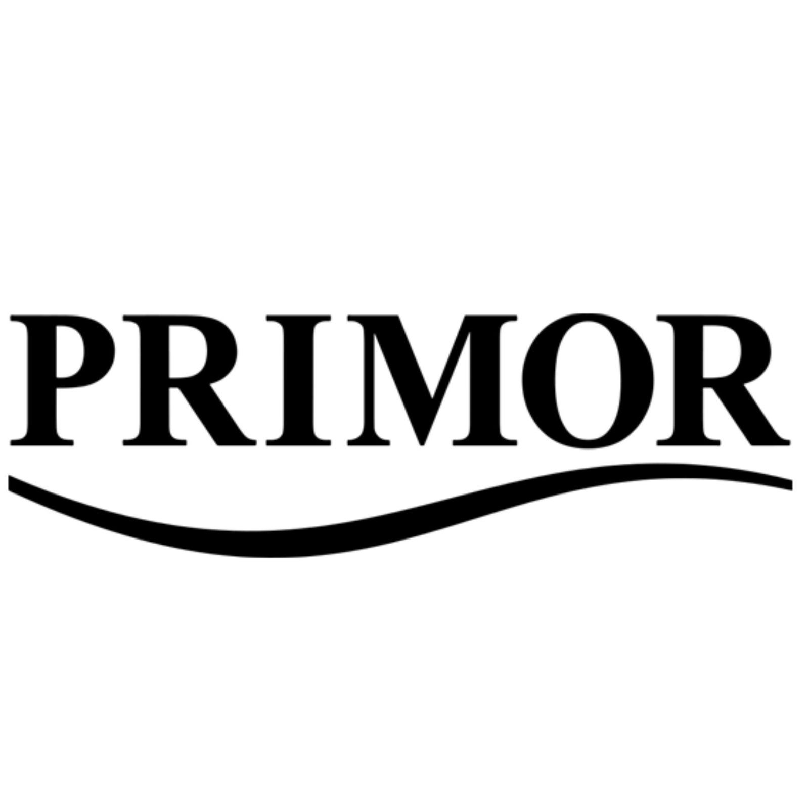 Logo de Primor, una cadena de tiendas de cosméticos, en negro con una línea ondulada debajo.