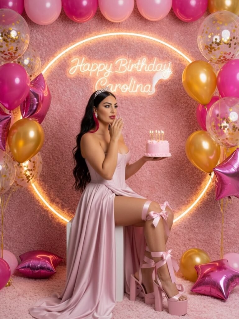 Carolina Vera celebrando su cumpleaños con vestido rosa, tarta y fondo de globos. UGC de fiesta de cumpleaños.