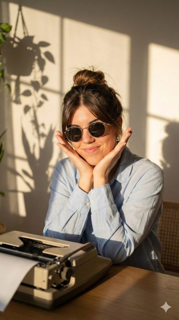 Alicia Sánchez Manzanero, creadora de contenido UGC, posando con gafas de sol frente a una máquina de escribir vintage en un espacio creativo con luz natural.