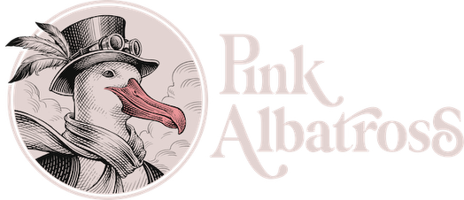Logo Pink Albatross con ilustración vintage de ave, marca de moda sostenible, Agencia de marketing digital Brilla Influencers y Comunicación