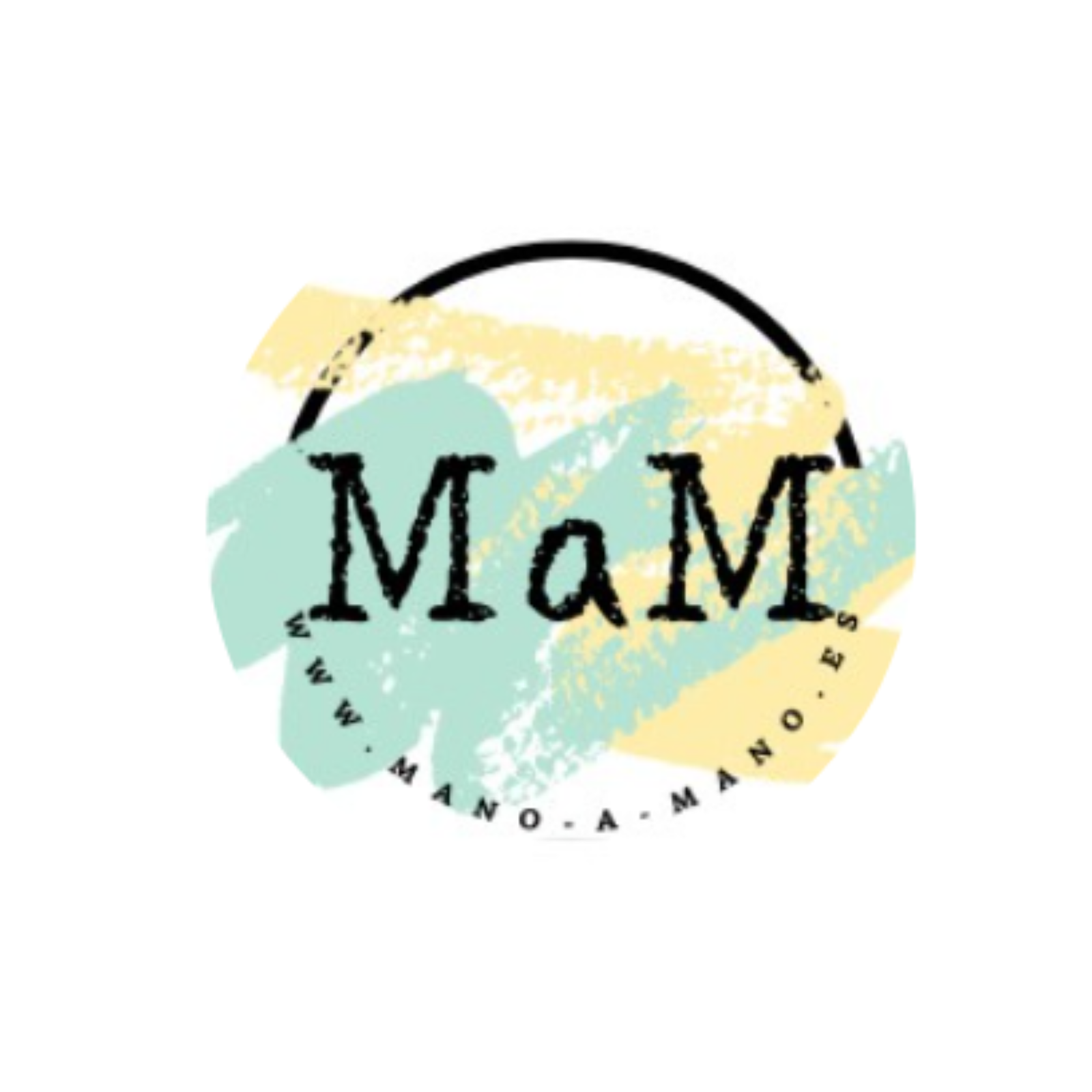 Logo de MaM con pinceladas de color y el texto "www.mano-a-mano.es