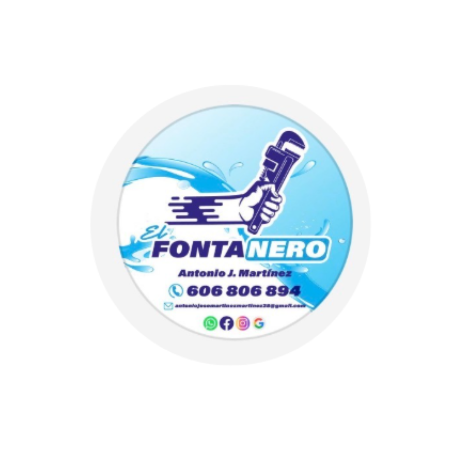 Logo de El Fontanero con llave y agua, incluyendo información de contacto.