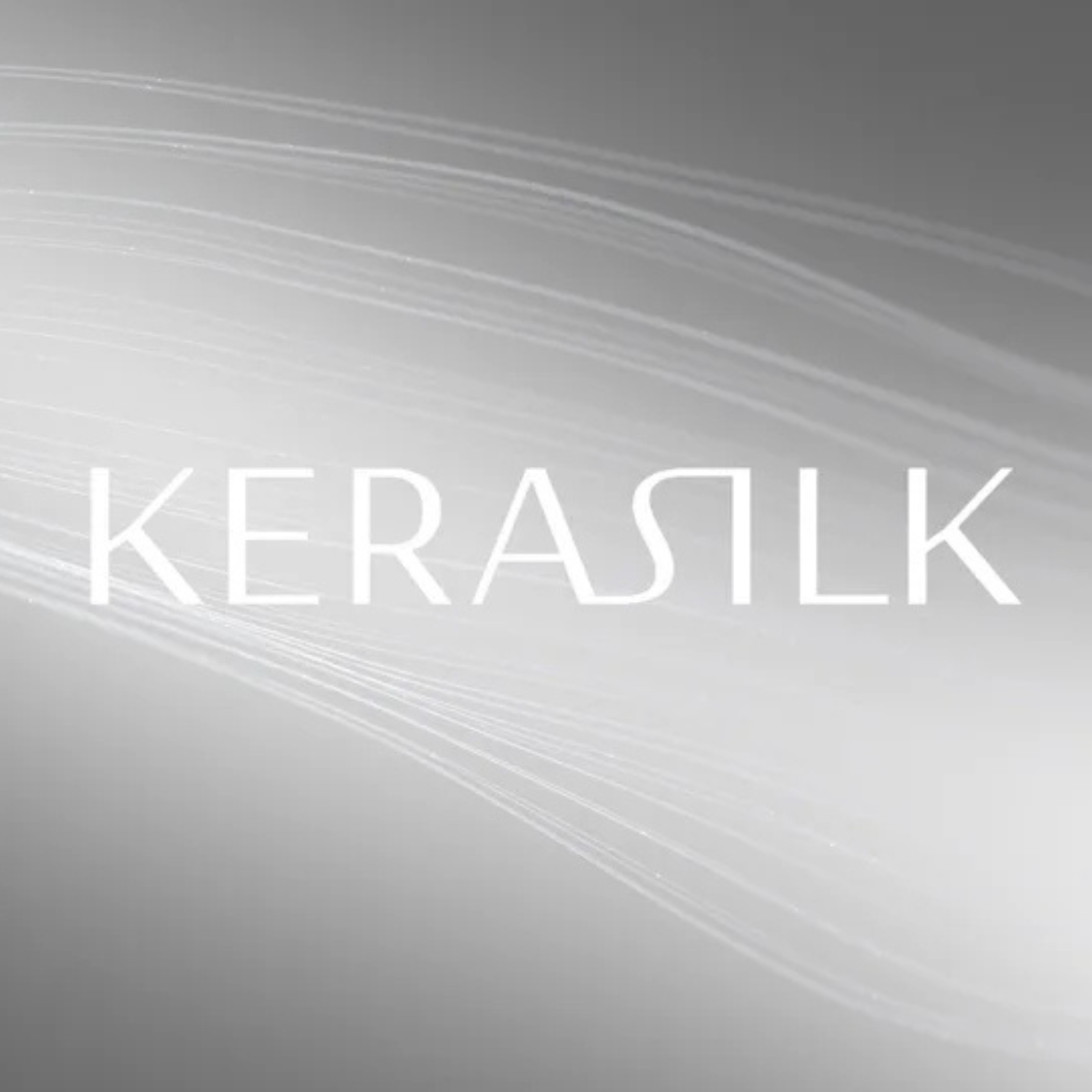 Logotipo de la marca KERASILK en color blanco, centrado sobre un fondo gris con líneas onduladas abstractas y luminosas.