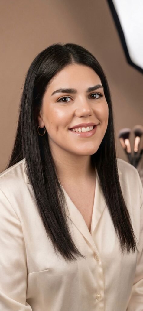 Mujer sonriendo con camisa beige, mostrando un rostro natural.