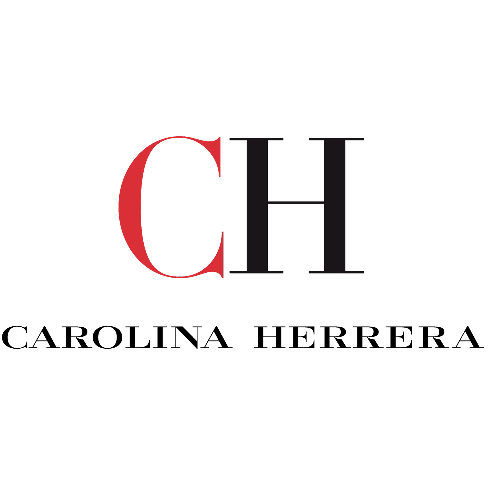 Logo de Carolina Herrera, marca de moda de lujo reconocida internacionalmente, con letras negras y la inicial “C” en rojo sobre fondo blanco.
