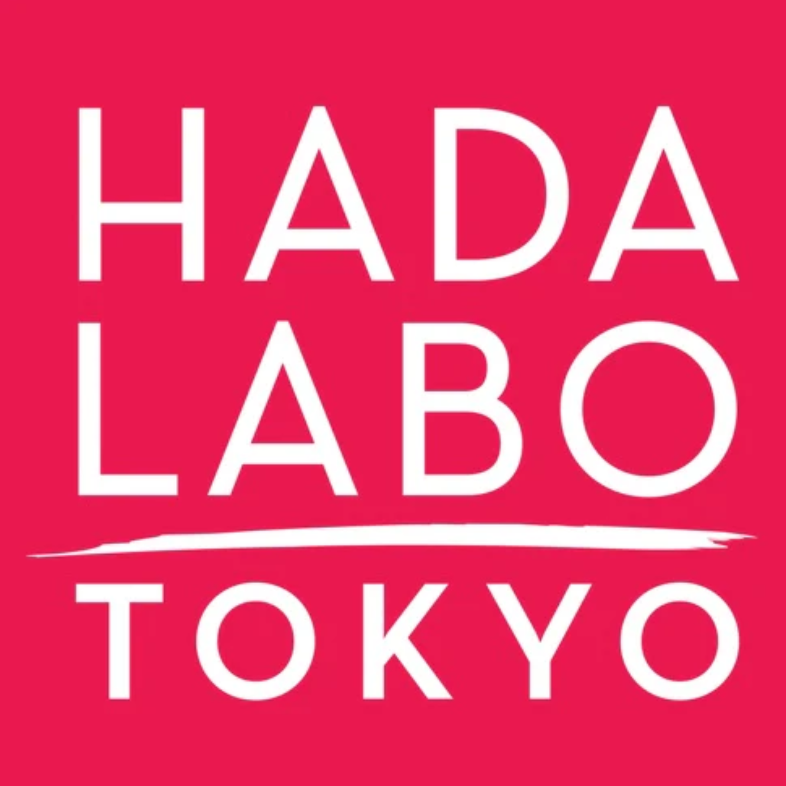 Logo de Hada Labo Tokyo en fondo rojo, marca de skincare japonesa.