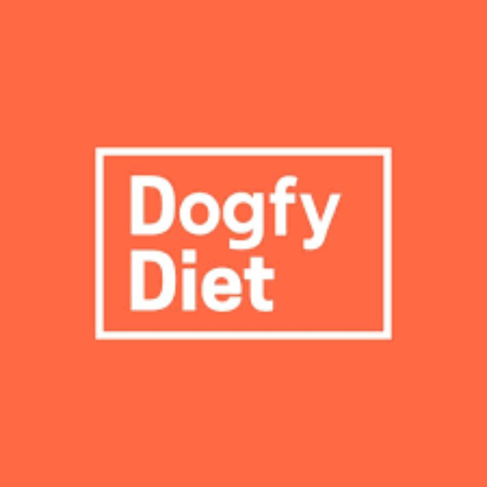 Logo de Dogfy Diet sobre fondo naranja con tipografía blanca, marca especializada en alimentación natural para perros.