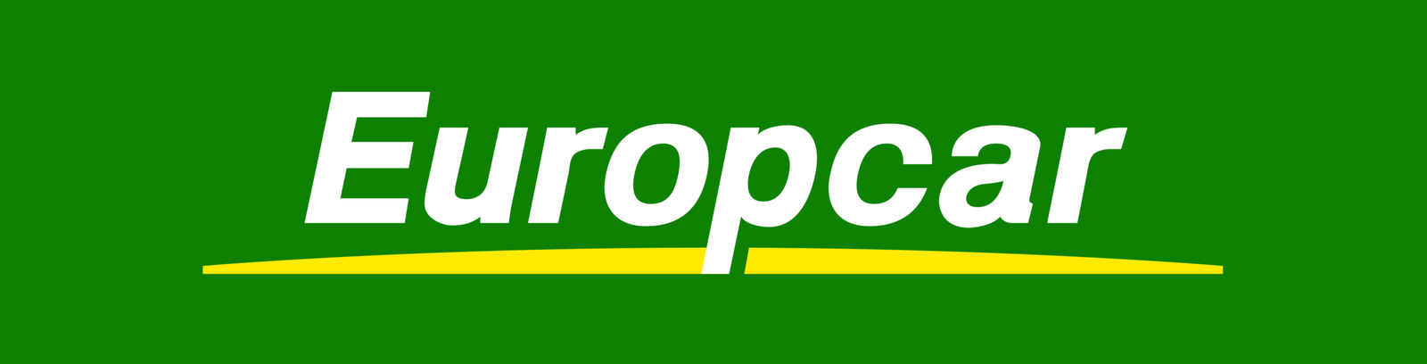 Logo de Europcar sobre fondo transparente con tipografía blanca, fondo verde y detalle gráfico en color amarillo.