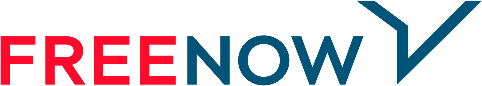 Logo de FREE NOW con tipografía azul y roja sobre fondo transparente.