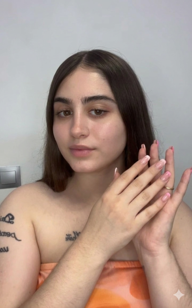 Leire Gabarron, creadora de contenido UGC especializada en belleza, skincare y cuidado personal, mostrando una piel natural y saludable en una sesión de contenido para marcas de cosmética.