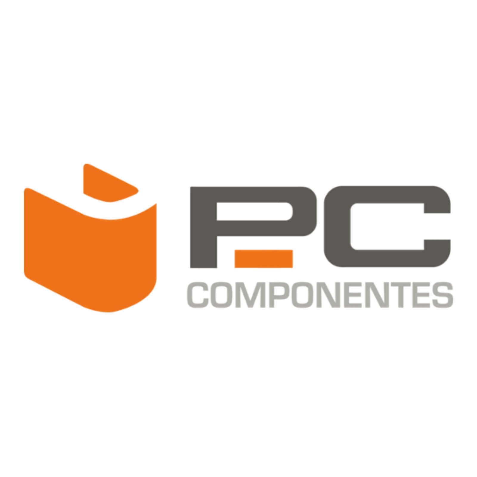Logotipo de PcComponentes con icono naranja y tipografía gris sobre fondo blanco, empresa especializada en tecnología, informática y electrónica.