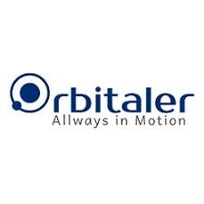 Logotipo de Orbitaler con diseño tecnológico en color azul y eslogan "Always in Motion".