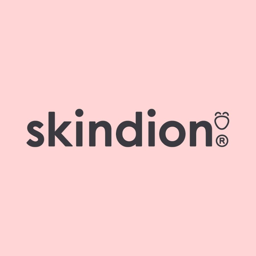 Logotipo de Skindion sobre fondo rosa con diseño minimalista relacionado con el cuidado de la piel.