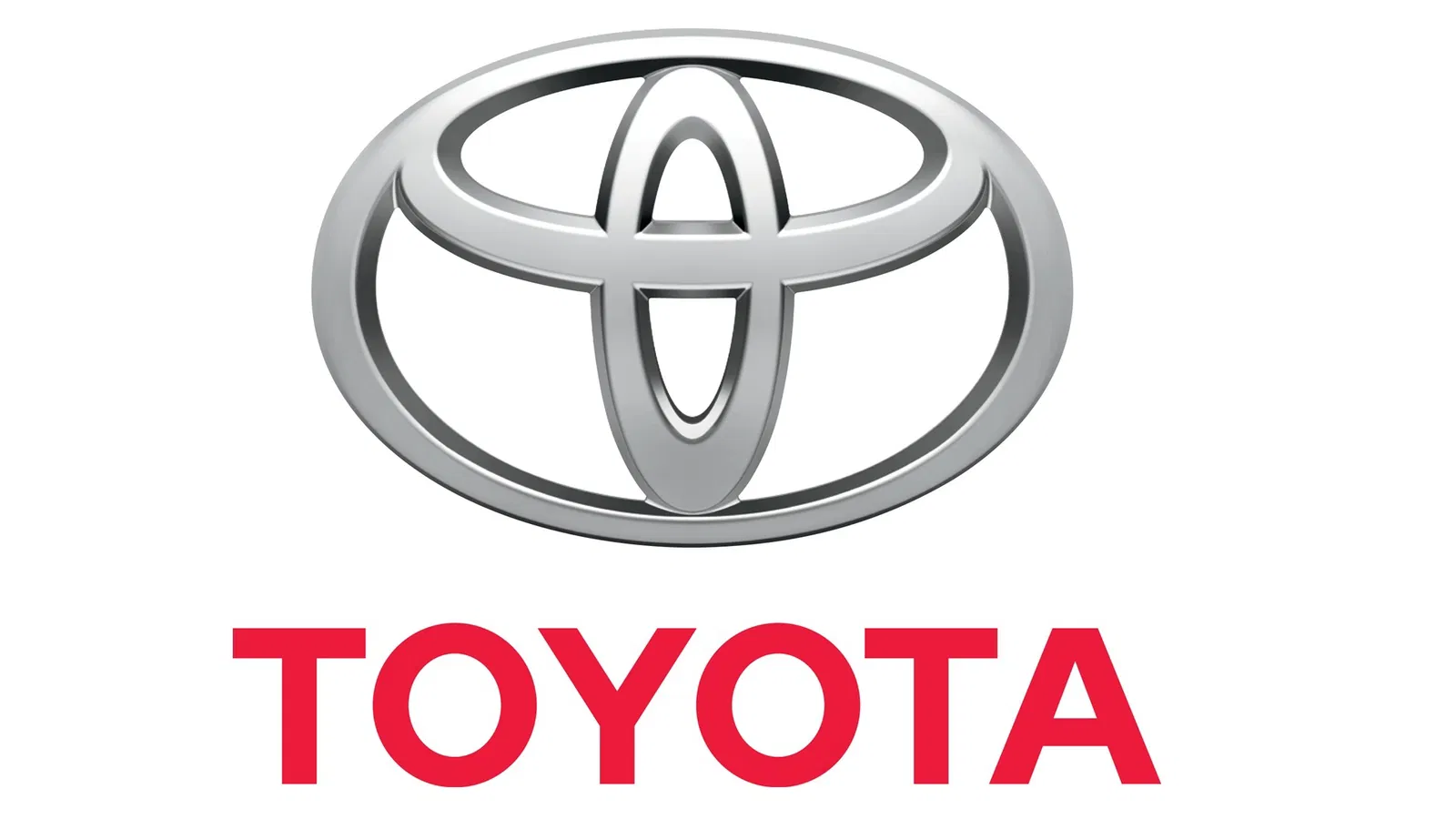 Logo de Toyota con emblema plateado y nombre de la marca en color rojo sobre fondo gris.