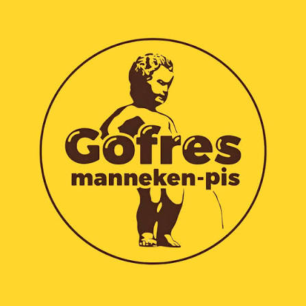 Logo de Gofres Manneken-Pis sobre fondo amarillo, con la icónica estatua del niño orinando.