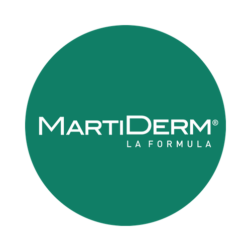 Logo de la marca MartiDerm con fondo verde y texto blanco.