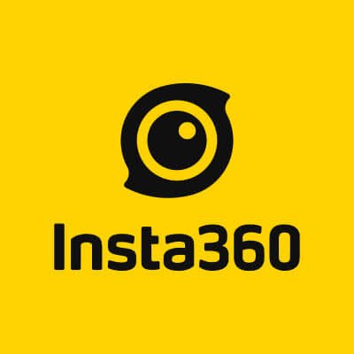 Logotipo negro de Insta360 sobre fondo amarillo, marca de cámaras de acción y vídeo 360.