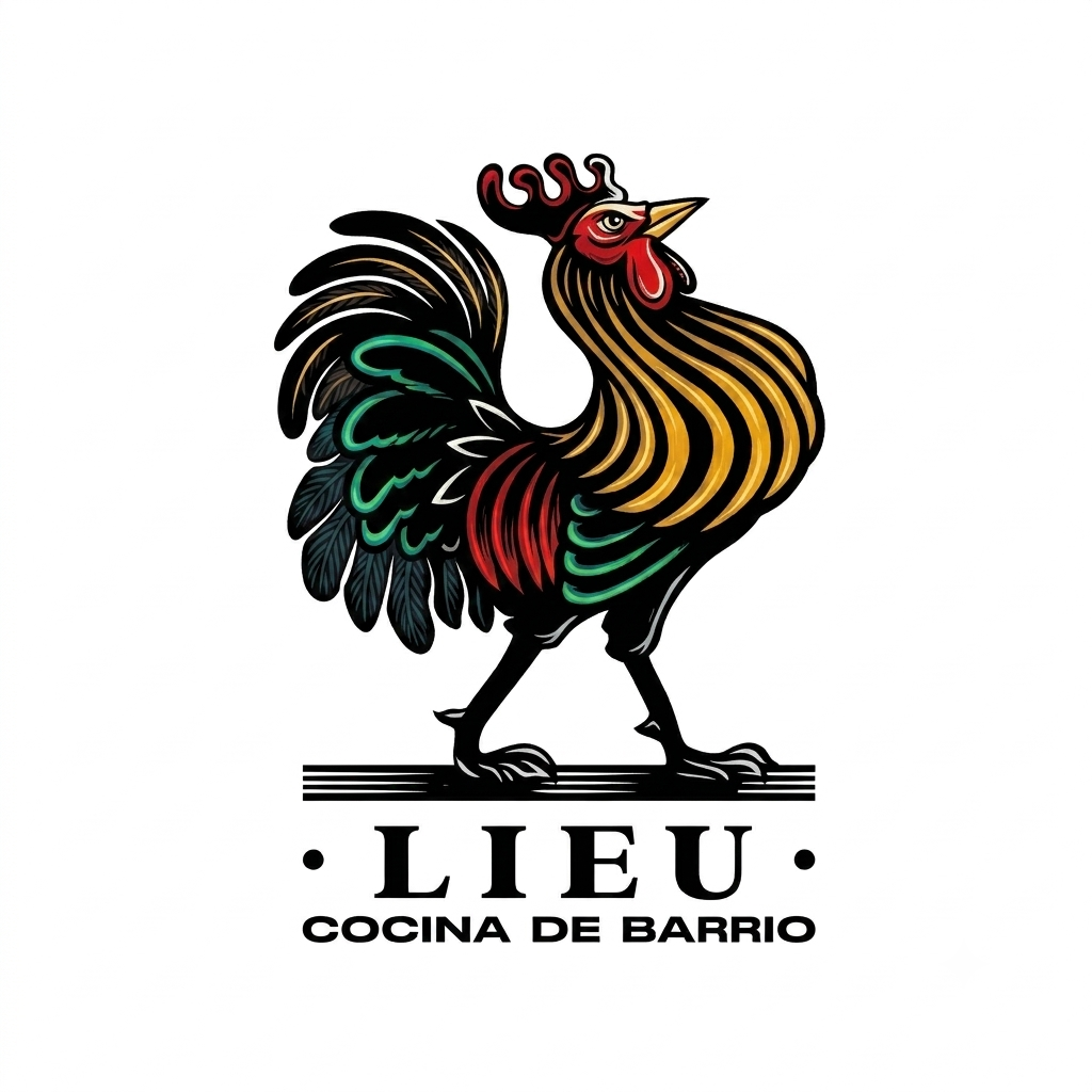 Logotipo de Lieu Cocina de Barrio con una ilustración colorida de un gallo.