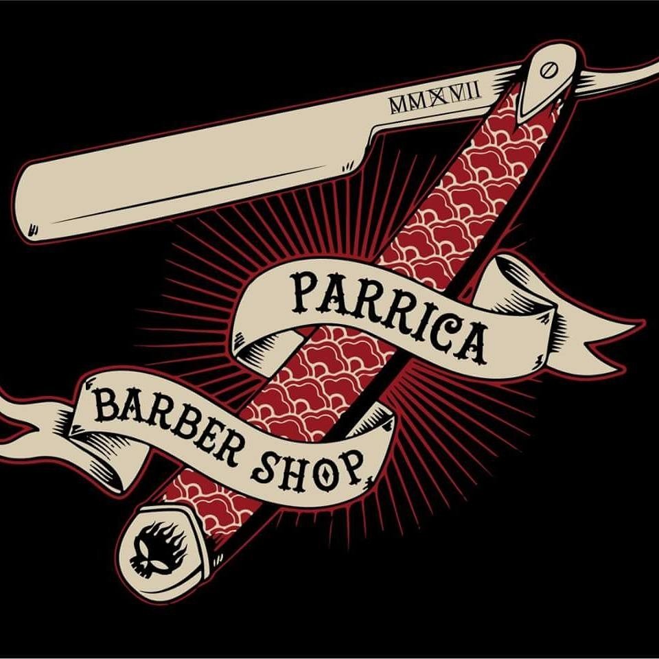 Logo Párrica Barber Shop con navaja de barbería y diseño vintage en rojo, negro y beige | Agencia Brilla.
