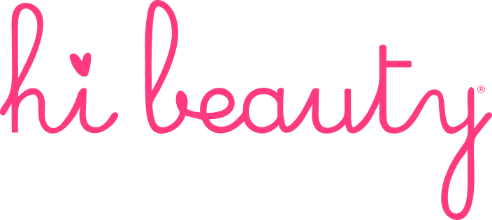 Logo de Hi Beauty en color rosa con tipografía manuscrita elegante y estilo femenino.