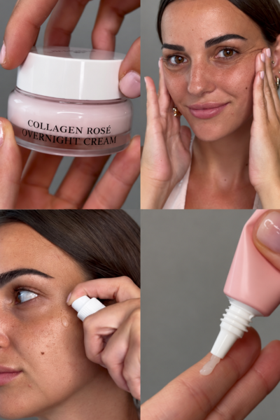 Nerea Valle mostrando Collagen Rosé Overnight Cream y productos de cuidado facial en contenido UGC skincare | Agencia Brilla Influencers