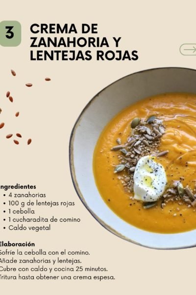 Crema de zanahoria y lentejas rojas con ingredientes y elaboración