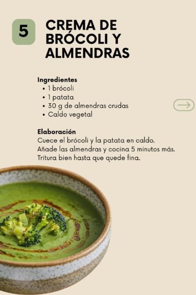 Crema de brócoli y almendras con ingredientes y elaboración