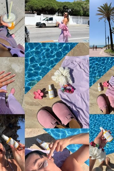 Collage lifestyle de Mari López Jiménez junto a la piscina mostrando productos de skincare, moda y accesorios de verano.