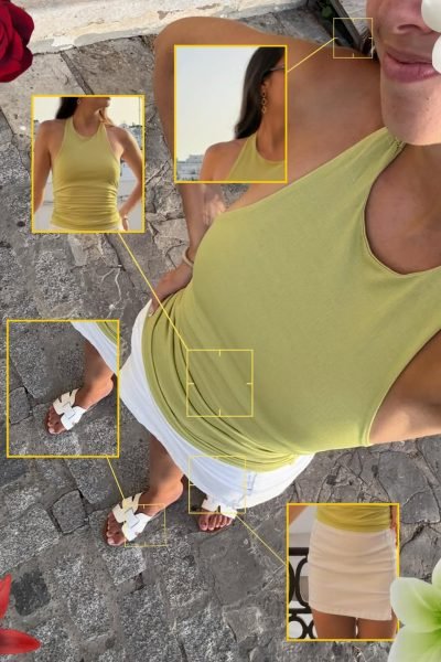 Influencer María Rubio mostrando un outfit veraniego con top verde y falda blanca para contenido Lifestyle y moda.