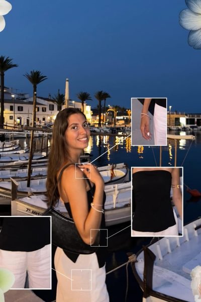 Influencer María Rubio posando junto a un puerto al atardecer con un look casual elegante para contenido Travel y Lifestyle.