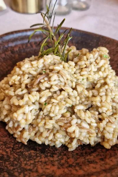 Un plato pequeño con una porción de risotto, decorado con romero fresco.