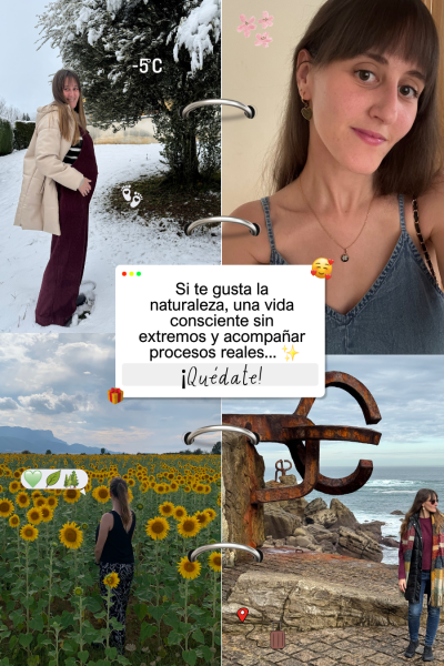 Collage de Patricia González mostrando naturaleza, maternidad, viajes y estilo de vida consciente en diferentes momentos de su vida.