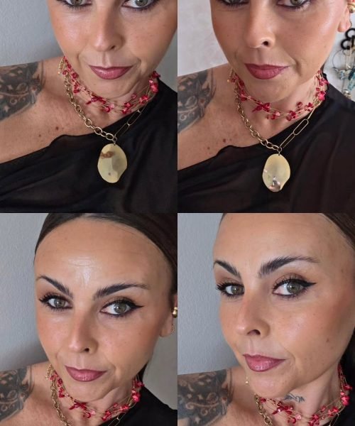 Veronica Villegas mostrando detalles de su collar rojo y dorado, con maquillaje en tonos naturales.